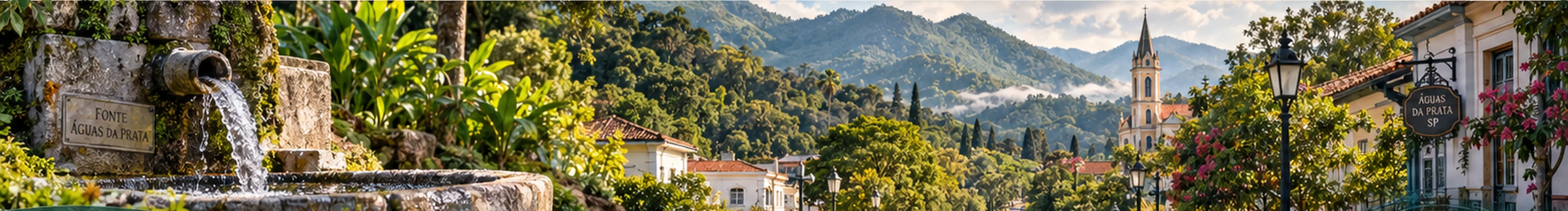 Fonte histórica, praça arborizada e igreja de Águas da Prata